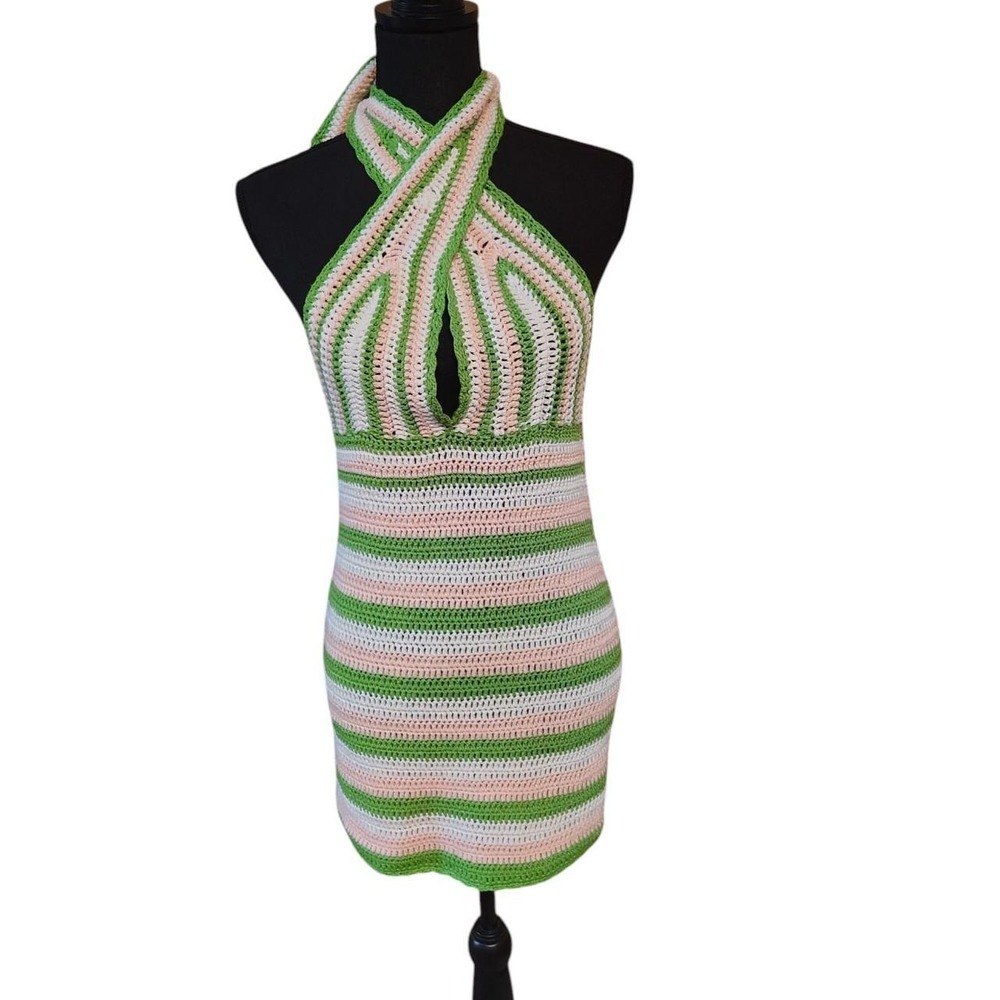 Beginning Boutique Striped Crochet Halter Mini Dress Green Pink White Summer